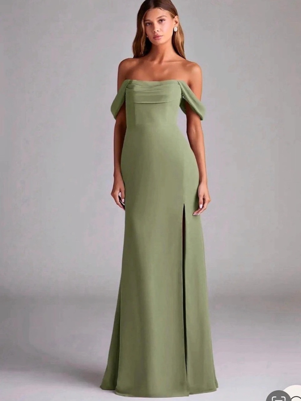 Satin Maxi Dress Sage Green Off-Shoulder